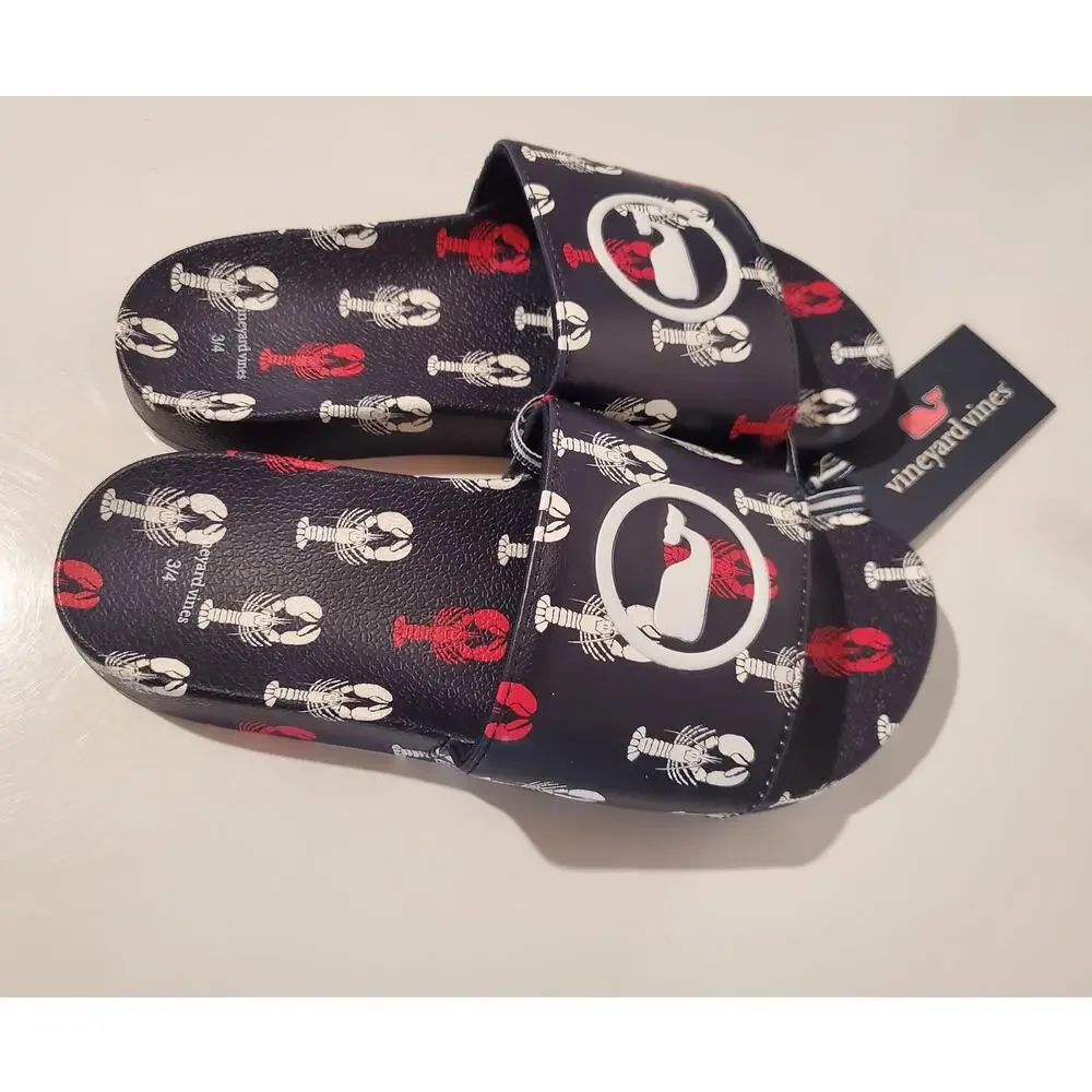 Nwt Vineyard Vines Boys Lobster Stack Pool Slide Sandals Kids Youth Sz 3/4 Blue